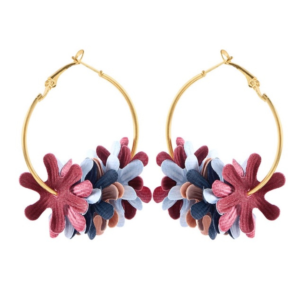 Boho Spring Flower Petal Gold Hoop Earrings - Picture 1 of 6
